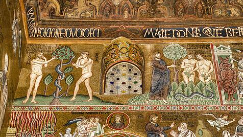 Ein byzantinisches Mosaik im Palazzo dei Normanni in Sizilien zeigt den S&uuml;ndenfall.