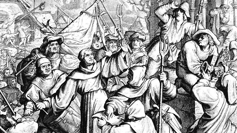 Martin Luther predigt in Seeburg gegen den Bauernkrieg.