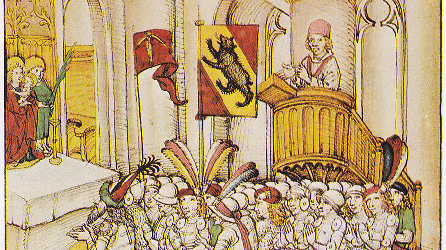 Gebet und Predigt der Berner und ihrer Verb&uuml;ndeten vor dem Auszug in die Schlacht bei Laupen 1339: Das &bdquo;Gro&szlig;e Gebet der Eidgenossen&ldquo; hat sich im Mittelalter aus unterschiedlichen historisch-religi&ouml;sen Einfl&uuml;ssen geformt.