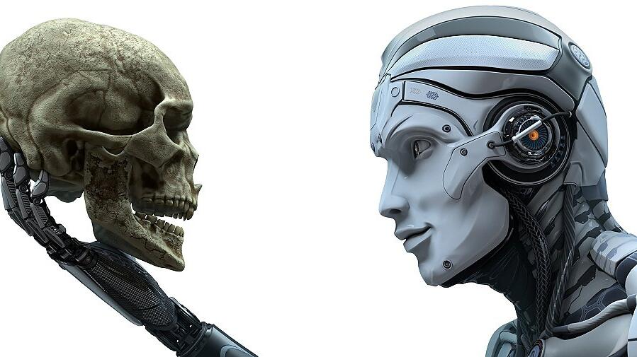 Robot with Artificial Intelligence observing human skull in Evolved Cybernetic organism world. 3d rendered image