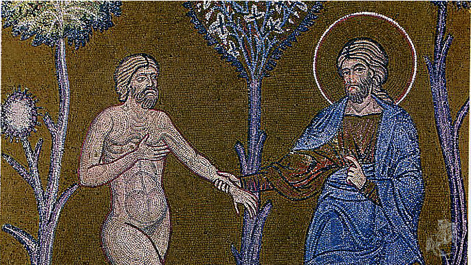 Mit Gott zusammenarbeiten: Dazu ist der Mensch berufen. Ein Mosaik zeigt Gott mit Adam im Garten Eden.