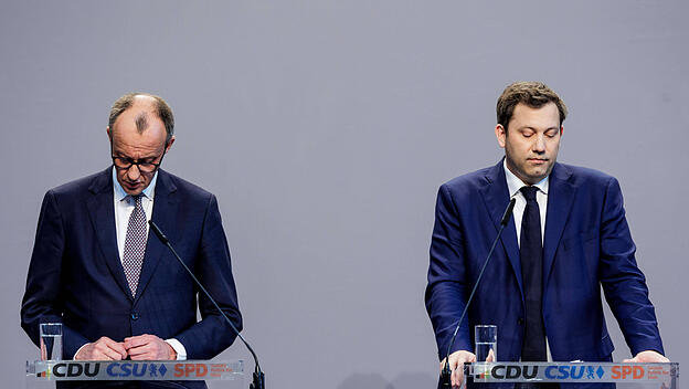Merz und Klingbeil bei derPressekonferenz nach Einigung der Koalitionsverhandlungen