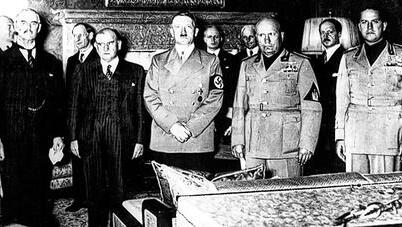 Arthur Neville Chamberlain, Edouard Daladier, Adolf Hitler, Benito Mussolini und Graf Galeazzo Ciano.