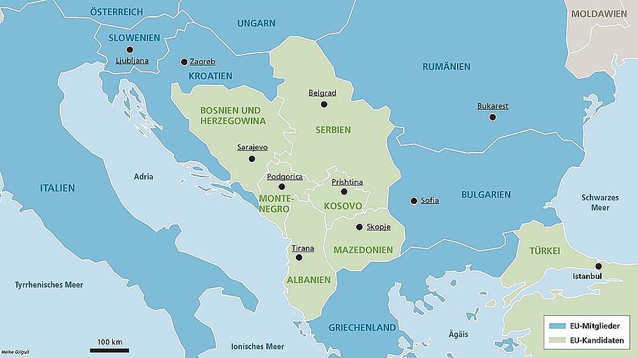 Europäische Union: Länder zwischen Kroatiens Südgrenze und Griechenlands Nordgrenze