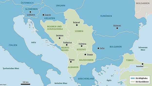 Europäische Union: Länder zwischen Kroatiens Südgrenze und Griechenlands Nordgrenze