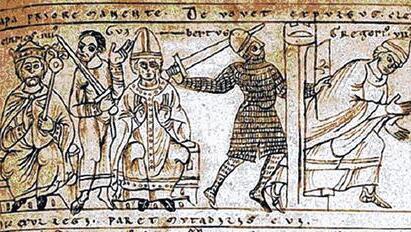 Darstellung des Konflikts zwischen Heinrich IV. und Gregor VII. auf dem Höhepunkt des Investiturstreits