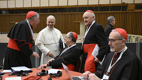 Der Papst beim Konsistorium an einem der runden Tische in der Audienzhalle