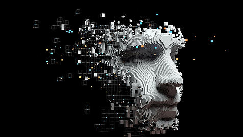 Abstract digital human face.  Artificial intelligence concept of big data or cyber security. 3D illustration