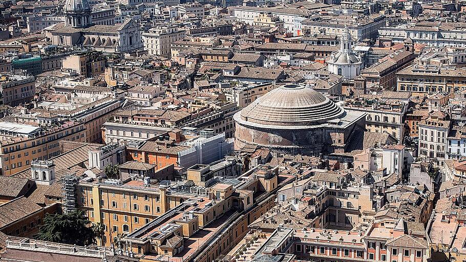 Rome. Coronavirus Emergency. Aerial View of the deserted city. Good Friday: Italian Finance Police helicopter scanning t