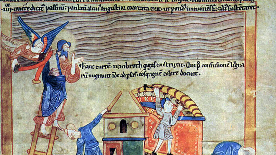 Der alttestamentarische Gott war kein ungerechter Spielverderber, sondern zerstreute das Volk zu Babel aus gutem Grund. Eine Illustration des Turmbaus in einem altenglischen Hexateuch, 1025-1050.