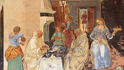 Der heilige Benedikt tadelt einen M&ouml;nch, der das Fasten brach (Fresko von Signorelli).