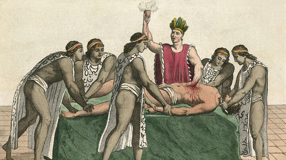 Priest in Tenochtitlan Plucks the Heart from Human Sacrifice. Date: circa 1500