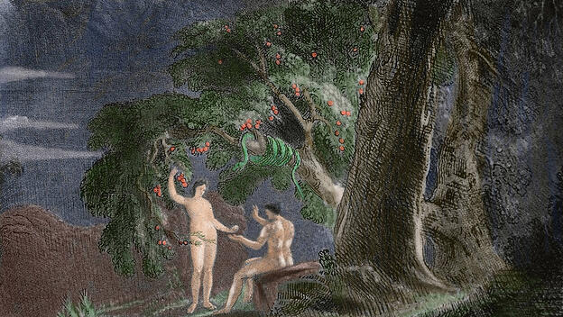 Eve gives Adam the forbidden fruit. Paradise Lost by John Milton (1608-1674). Engraving. Colored. John Milton (1608-1674