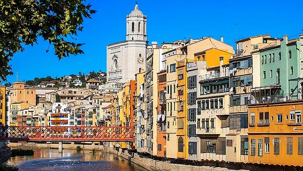 Cathedral and colorful houses on the side of river Onyar in the evening, Girona, Catalonia, Spain Girona Spain Copyright