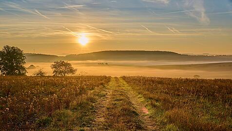 Landschaft, Feldweg, Felder, Nebel, Sonnenaufgang