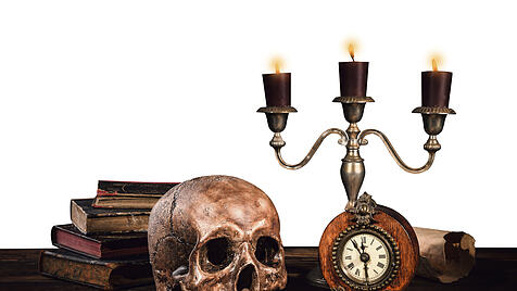 Still life art photography on human skull skeleton