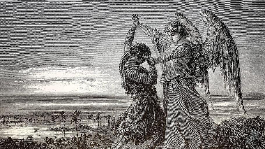 Jakob ringt mit dem Engel, Holzschnitt von Gustave Doré
