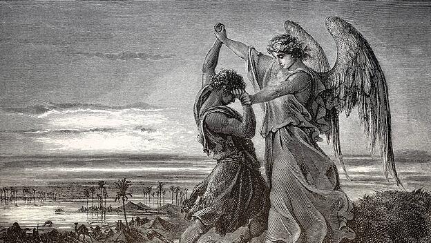 Jakob ringt mit dem Engel, Holzschnitt von Gustave Doré
