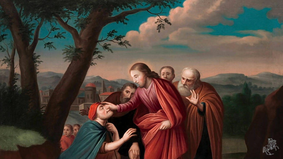 Jesus Christus heilt einen blinden Mann, während eine Reihe von Anhängern zusieht