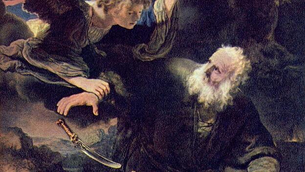 Ein Engel greift ein und verhindert, dass Abraham seinen Sohn opfert.
