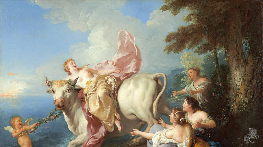 Keine Zeit ohne Mythos, das wusste Hans Blumenberg, wie er 1979 in &bdquo;Arbeit am Mythos&ldquo; darlegte. Hier zu sehen, ist der Mythos, der unserem Kontinent den Namen gab: Die Entf&uuml;hrung der Europa, Gem&auml;lde von Jean Francois de Troy Frankreich (1679-1752).