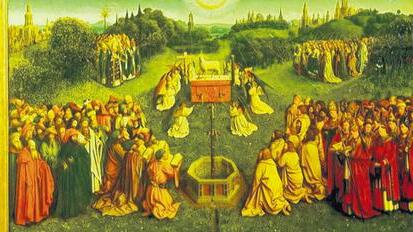 Ausschnitt aus einer der Tafeln des Genter Altares mit dem Lamm Gottes im Zentrum