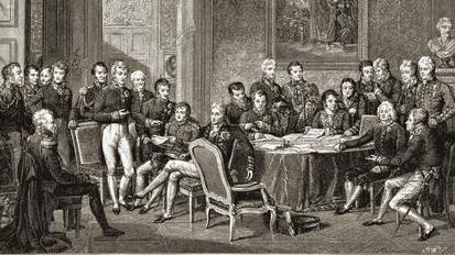 Delegierte des Wiener Kongresses in einem zeitgenössischen Kupferstich nach dem Gemälde von Jean-Baptiste Isabey.