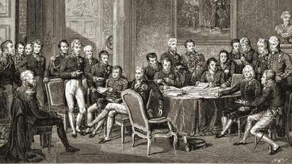 Delegierte des Wiener Kongresses in einem zeitgenössischen Kupferstich nach dem Gemälde von Jean-Baptiste Isabey.