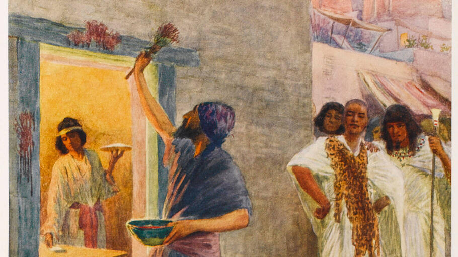 Das jüdische Volk in der ägyptischen Gefangenschaft bestreicht die Türpfosten mit Blut, wie Gott es ihm geboten hat.