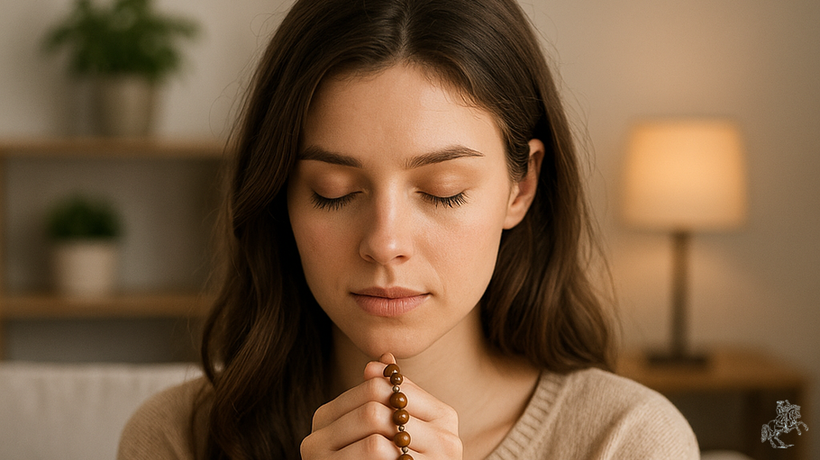 Frau betet Rosenkranz