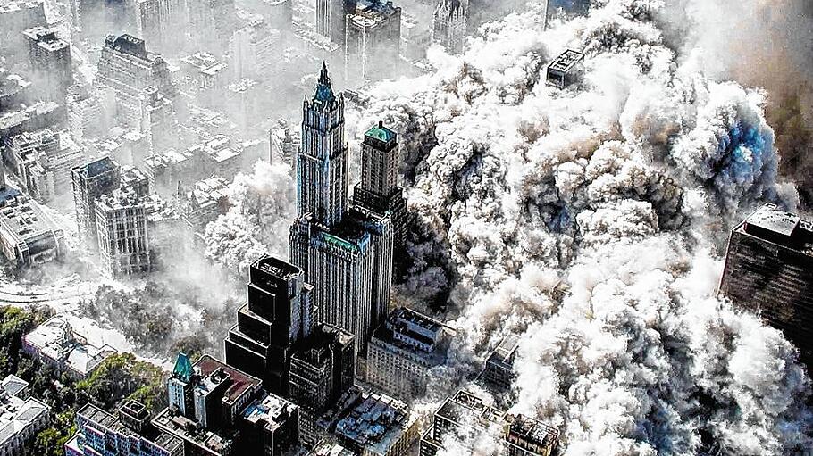 Einstürzende Türme des World Trade Centers unmittelbar nach dem Terroranschlag
