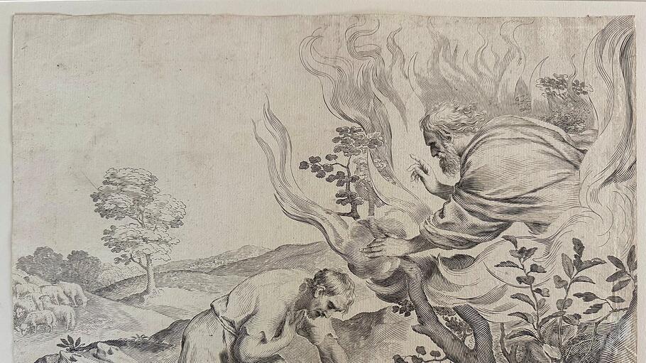 Verborgen und doch pr&auml;sent: Mose hat Gott nicht gesehen, aber er ist ihm begegnet. Der franz&ouml;sische Kupferstecher Claude Mellan (17. Jahrhundert) hat diese verborgene Gegenwart Gottes im brennenden Dornbusch dargestellt.