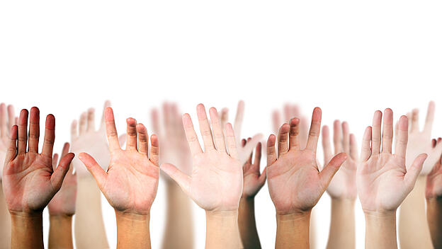 hand raised up on white isolated background