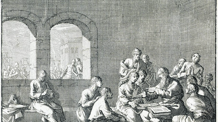 Origenes erteilt Katechismusunterricht. Stich von Jan Luyken (1649-1712).