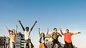 Happy millennials friends jumping outdoor Córdoba, Cordoba, Argentina CR_QLJK221220-1088393-01 ,model released, Symbolfo