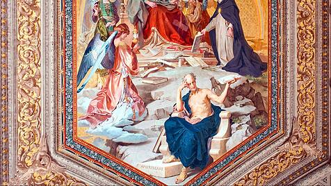 Detail aus einem Deckengemälde aus den Vatikanischen Museen: Thomas von Aquin präsentiert Gott und der Jungfrau Maria seine Schriften. Aristoteles sitzt, als Fundament von Thomas' Arbeit, am unteren Rand der Szene.