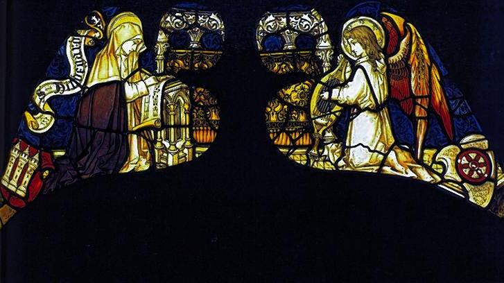 Glasfenster: Die heilige Hildegard als Komponistin.