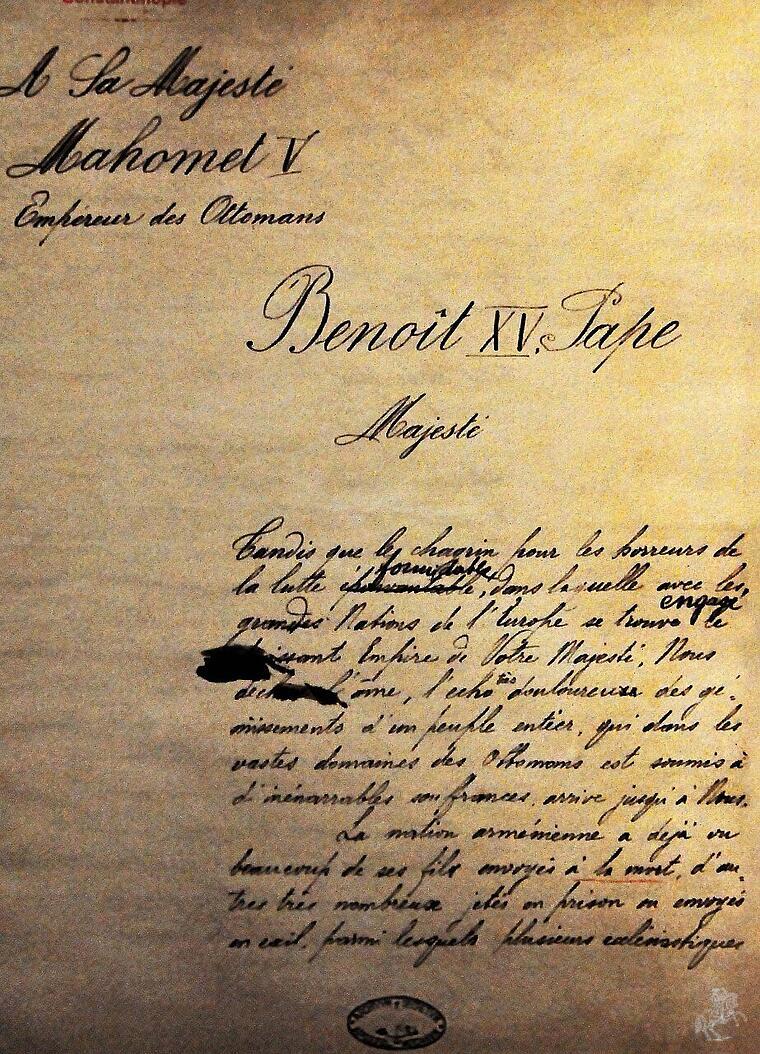 Schreiben von Papst Benedikt XV. an den Sultan von Konstantinopel
