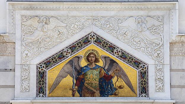 Mosaik an der Fassade, serbisch-orthodoxe Kirche der Dreifaltigkeit und des Hl. Spyridon, Triest