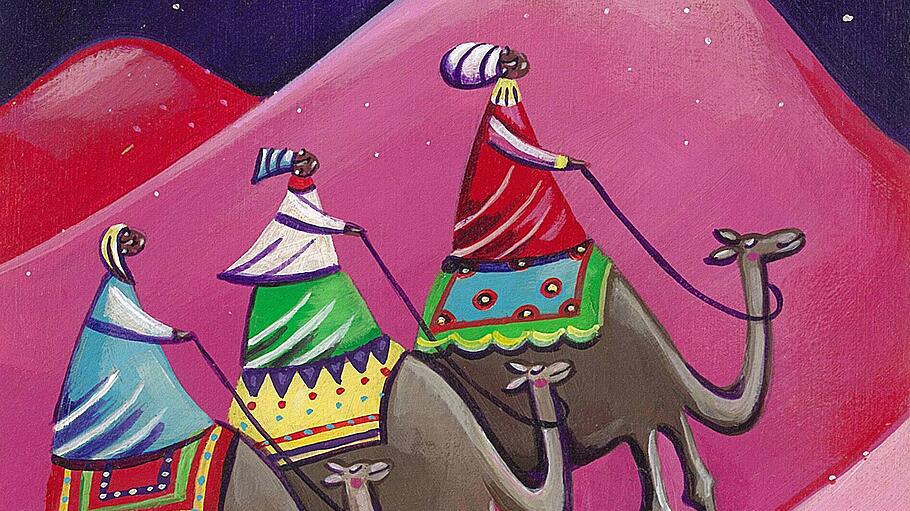 Die Heiligen Drei Könige folgen dem Weihnachtsstern auf Kamelen.