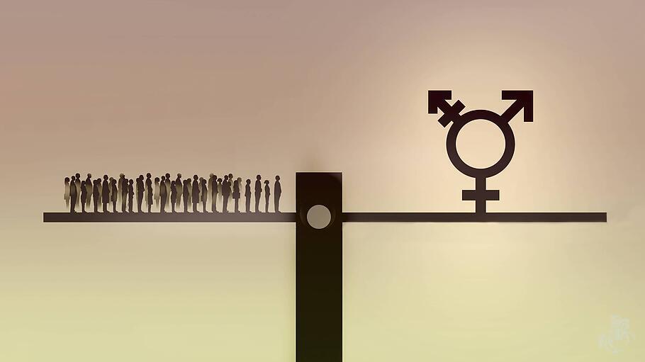 Menschenmenge und Transgender-Symbol auf dem gegenüberliegenden Ende einer Wippe