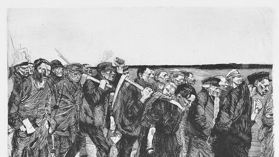Die Reflexion von Arbeitskämpfen und sozialer Not wurde im 19. Jahrhundert Teil künstlerischer Bildsprache – und blieb es. Käthe Kollwitz, Der Weberzug, 1897, Blatt 4 aus dem Zyklus Weberaufstand, Radierung, 21 × 29,5 cm.