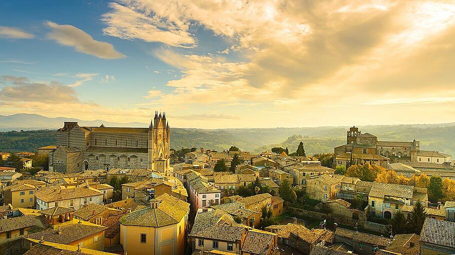 Orvieto medieval town and Duomo cathedral church aerial view. It