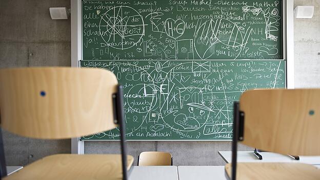 Ein Klassenzimmer mit vollgeschriebener Tafel.