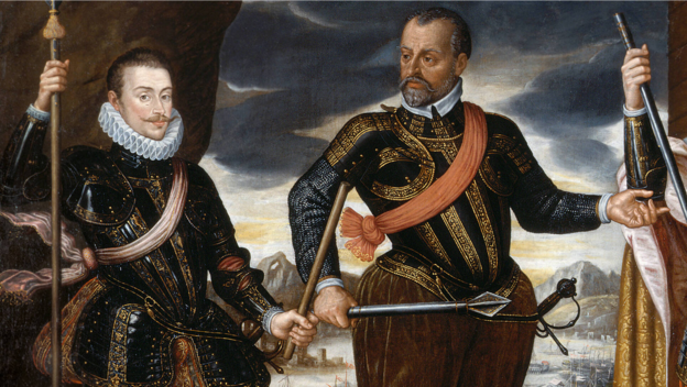 Marcantonio Colonna (1535-1584, rechts), der römische Widersacher von Papst Paul IV., mit Juan de Austria in der Pose des Siegers nach der Schlacht von Lepanto am 7. Oktober 1571. Gemälde von einem unbekannten Künstler, Ausschnitt.