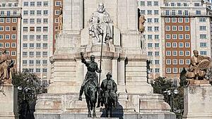A statue depicting Miguel de Cervantes' characters Don Quixote and Sancho Panza is seen at Plaza de Espana in central Madrid