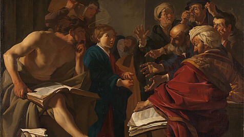 Der junge Jesus diskutiert mit den Schriftgelehrten. Gemälde von Dirck Baburen, 1622.