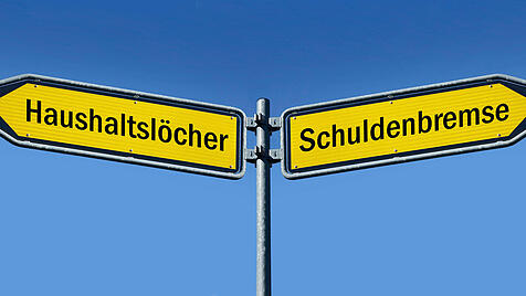 zwei Wegweiser mit Haushaltslöcher und Schuldenbremse zwei Wegweiser mit Haushaltslöcher und Schuldenbremse, 24.11.2023,