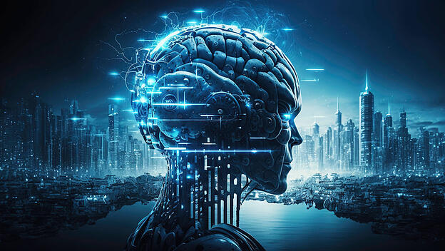 Cyborg in the city. Generative AI A cyborg in the futuristic city. Generative AI