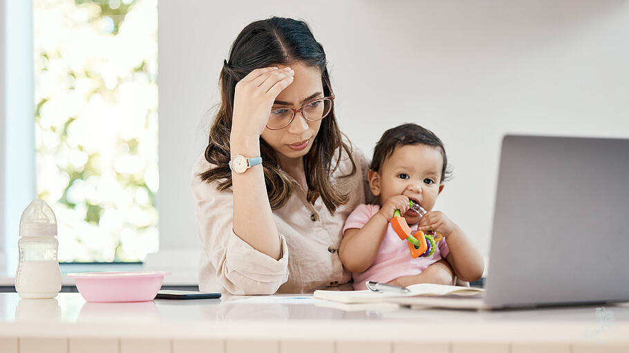 Stress, remote work and mother with baby, laptop and busy freelancer worker with online project and infant girl. Working